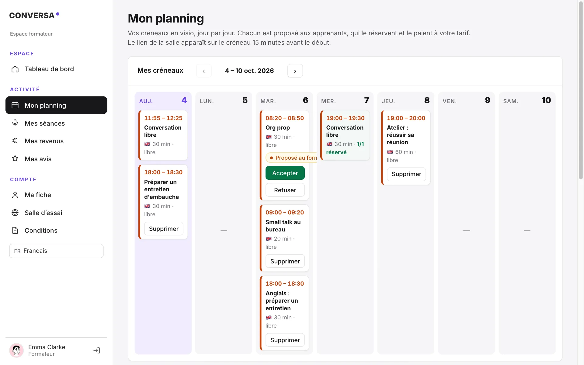 Planning d’un formateur dans son espace : ses créneaux de la semaine, réservés ou libres, et une séance proposée par un organisme à accepter ou refuser (données de démonstration).